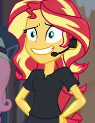 Size: 840x1080 | Tagged: safe, derpibooru import, screencap, sunset shimmer, equestria girls, equestria girls series, opening night, cropped, director shimmer, grin, headset, nervous, nervous grin, opening night: sunset shimmer, smiling, solo, sweat, sweating profusely