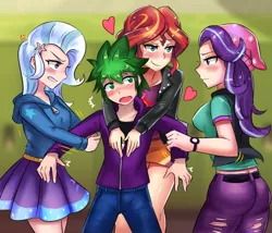 Size: 800x686 | Tagged: safe, artist:tzc, derpibooru import, spike, starlight glimmer, sunset shimmer, trixie, human, equestria girls, ass, beanie, bisexual, blushing, butt, canterlot high, clothes, commission, female, glimmer glutes, hallway, hat, heart, hoodie, human spike, humanized, jacket, leather, leather jacket, lesbian, lockers, lucky bastard, male, midriff, miniskirt, pants, polyamory, shipping, size difference, skirt, smaller male, smiling, sparlight, sparlixie, spike gets all the equestria girls, spike gets all the mares, spixie, straight, sunsetspike