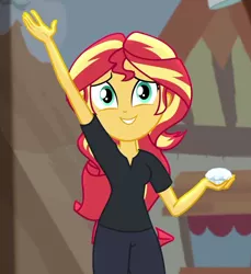 Size: 896x979 | Tagged: safe, derpibooru import, screencap, sunset shimmer, equestria girls, equestria girls series, opening night, arms in the air, cropped, diamond, director shimmer, female, opening night: sunset shimmer, smiling, solo