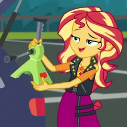 Size: 1001x1003 | Tagged: safe, derpibooru import, screencap, sunset shimmer, driving miss shimmer, equestria girls, equestria girls series, cropped, driving miss shimmer: applejack, geode of empathy, magical geodes, solo