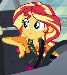 Size: 841x937 | Tagged: safe, derpibooru import, screencap, sunset shimmer, driving miss shimmer, equestria girls, equestria girls series, car, cropped, cute, driving miss shimmer: rarity, geode of empathy, magical geodes, seatbelt, shimmerbetes, solo, steering wheel