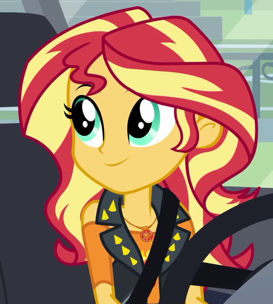 Size: 881x980 | Tagged: safe, derpibooru import, screencap, sunset shimmer, driving miss shimmer, equestria girls, equestria girls series, cropped, driving miss shimmer: rarity, geode of empathy, magical geodes, seatbelt, solo, steering wheel