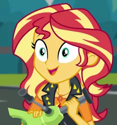 Size: 1011x1080 | Tagged: safe, derpibooru import, screencap, sunset shimmer, driving miss shimmer, equestria girls, equestria girls series, cropped, driving miss shimmer: applejack, geode of empathy, magical geodes, solo