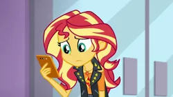 Size: 1920x1080 | Tagged: safe, derpibooru import, screencap, sunset shimmer, a fine line, equestria girls, equestria girls series, female, geode of empathy, magical geodes, phone, solo