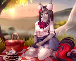 Size: 5000x4000 | Tagged: safe, artist:kuroran, derpibooru import, oc, oc:flydry, unofficial characters only, anthro, unicorn, anthro oc, basket, beautiful, birthday cake, blanket, breasts, cake, clothes, cute, female, food, mare, moe, picnic, picnic blanket, pleated skirt, rcf community, shirt, skirt, solo, tree