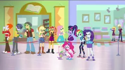 Size: 1920x1080 | Tagged: safe, derpibooru import, screencap, applejack, fluttershy, heath burns, microchips, pinkie pie, rainbow dash, rarity, sandalwood, sci-twi, spike, spike the regular dog, sunset shimmer, taffy shade, trenderhoof, twilight sparkle, dog, a fine line, equestria girls, equestria girls series, background human, clothes, converse, geode of empathy, geode of fauna, geode of shielding, geode of sugar bombs, geode of super speed, geode of super strength, geode of telekinesis, magical geodes, pantyhose, ponytail, shoes, sneakers