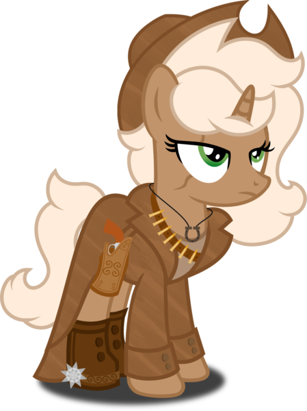 Size: 1280x1711 | Tagged: safe, artist:fletcherthehuntress, derpibooru import, oc, oc:clementine hunter, unofficial characters only, pony, unicorn, clothes, cowboy hat, female, gun, handgun, hat, mare, not applejack, revolver, show accurate, simple background, solo, stetson, transparent background, weapon