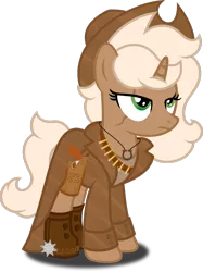 Size: 1280x1711 | Tagged: safe, artist:fletcherthehuntress, derpibooru import, oc, oc:clementine hunter, unofficial characters only, pony, unicorn, clothes, cowboy hat, female, gun, handgun, hat, mare, not applejack, revolver, show accurate, simple background, solo, stetson, transparent background, weapon