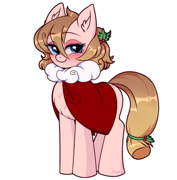 Size: 840x856 | Tagged: safe, artist:kei kun, derpibooru import, oc, oc:sweetiemilk, unofficial characters only, earth pony, pony, blushing, chest fluff, christmas, clothes, costume, cute, female, holiday, holly, leaf, looking at you, mare, santa costume, signature, simple background, smiling, transparent background, wingding eyes