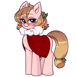 Size: 840x856 | Tagged: safe, artist:kei kun, derpibooru import, oc, oc:sweetiemilk, unofficial characters only, earth pony, pony, blushing, chest fluff, christmas, clothes, costume, cute, female, holiday, holly, leaf, looking at you, mare, santa costume, signature, simple background, smiling, transparent background, wingding eyes