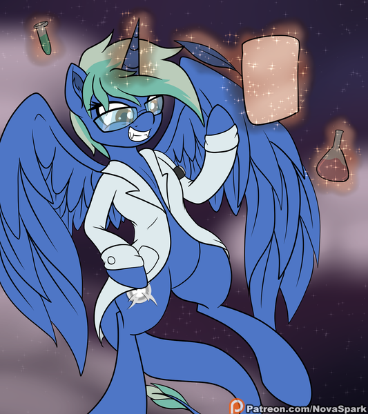 Size: 1600x1800 | Tagged: alicorn, alicornified, artist:novaspark, clothes, cloud, derpibooru import, flying, lab coat, monster mare, monster pony, oc, oc:nova spark, original species, race swap, safe, solo, stars, tatzlpony, unofficial characters only