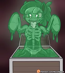 Size: 1600x1800 | Tagged: safe, artist:novaspark, derpibooru import, oc, oc:matcha, unofficial characters only, goo, goo pony, mimic, mimic pony, monster pony, original species, bone, clothes, female, monster mare, see-through, skeleton, tongue out, treasure chest