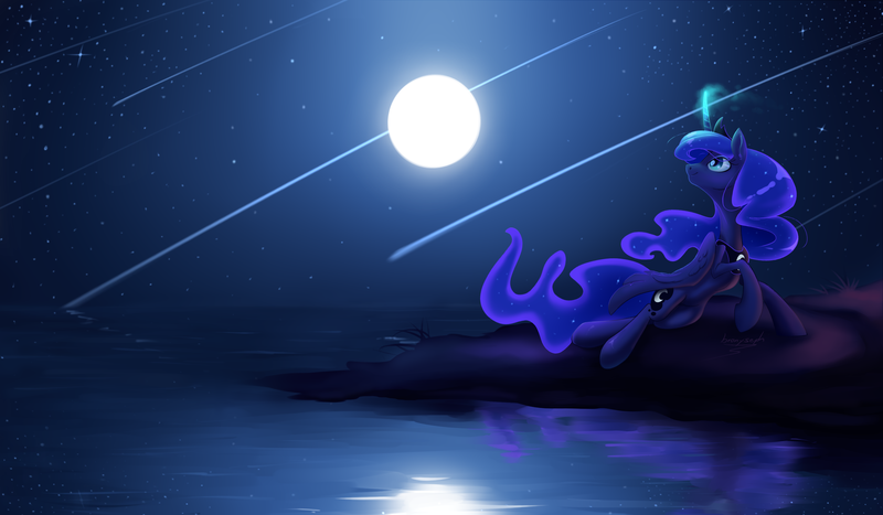 Size: 3600x2100 | Tagged: safe, artist:bronyseph, derpibooru import, princess luna, alicorn, pony, cute, female, full moon, glowing horn, high res, horn, looking up, lunabetes, magic, mare, moon, night, night sky, ocean, peytral, raised hoof, reflection, shooting star, shooting stars, signature, sky, smiling, solo, starry night, water