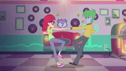 Size: 1280x720 | Tagged: safe, derpibooru import, screencap, alizarin bubblegum, celery stalk, coinky-dink world, eqg summertime shorts, equestria girls, alizary, background human, clothes, dancing, female, male, pants, shipping, shoes, straight