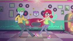Size: 1280x720 | Tagged: safe, derpibooru import, screencap, alizarin bubblegum, celery stalk, coinky-dink world, eqg summertime shorts, equestria girls, alizary, background human, clothes, dancing, female, glasses, male, pants, shipping, shoes, smiling, straight