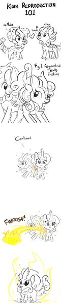 Size: 1280x6400 | Tagged: safe, artist:tjpones, derpibooru import, kirin, sounds of silence, butt bump, comic, duo, female, fire, foal, friction, generic kirin, how is babby formed, lewd, male, monochrome, partial color, reproduction, simple background, sketch, sparks, the birds and the bees, the talk, wat, white background