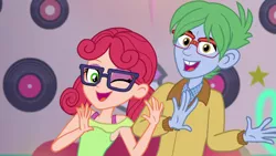 Size: 1280x720 | Tagged: safe, derpibooru import, screencap, alizarin bubblegum, celery stalk, coinky-dink world, eqg summertime shorts, equestria girls, alizary, dancing, female, glasses, looking at you, male, one eye closed, shipping, smiling, straight, wink