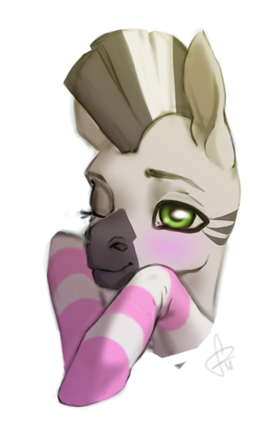 Size: 1880x2894 | Tagged: artist:pinefool, blushing, bust, clothes, derpibooru import, femboy, male, oc, oc:zebra north, one eye closed, safe, simple background, socks, striped socks, unofficial characters only, wink, zebra, zebra oc