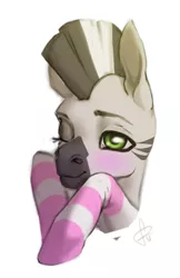 Size: 1880x2894 | Tagged: artist:pinefool, blushing, bust, clothes, derpibooru import, femboy, male, oc, oc:zebra north, one eye closed, safe, simple background, socks, striped socks, unofficial characters only, wink, zebra, zebra oc