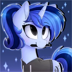 Size: 1280x1280 | Tagged: safe, artist:imbirgiana, derpibooru import, oc, oc:imbirgiana, unofficial characters only, pony, unicorn, abstract background, blushing, clothes, cute, female, looking up, mare, mouth hold, pencil, smiling, stars, sweater, watermark