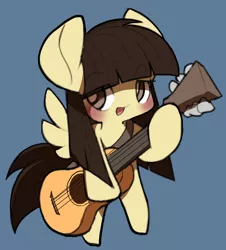 Size: 991x1096 | Tagged: safe, artist:ccc, derpibooru import, wild fire, pegasus, pony, blue background, chibi, female, guitar, hoof hold, looking at you, mare, musical instrument, simple background, solo