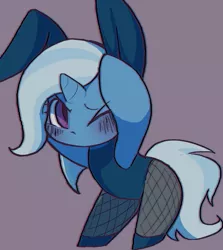 Size: 1241x1389 | Tagged: safe, artist:ccc, derpibooru import, trixie, pony, unicorn, blushing, bunny suit, clothes, cute, diatrixes, female, fishnets, leotard, mare, one eye closed, pantyhose, shoes, simple background, solo, wink