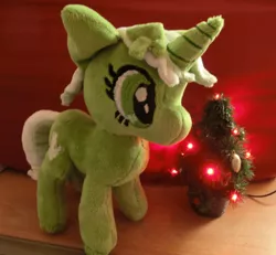 Size: 1000x922 | Tagged: safe, artist:bastler, derpibooru import, oc, oc:upvote, ponified, unofficial characters only, pony, unicorn, derpibooru, christmas, christmas tree, derpibooru ponified, female, holiday, irl, mare, meta, photo, plushie, standing, tree