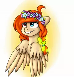 Size: 2077x2160 | Tagged: safe, artist:rskyfly, derpibooru import, oc, unofficial characters only, pegasus, pony, braid, bust, female, floral head wreath, flower, heterochromia, mare, portrait, smiling, solo