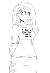 Size: 522x759 | Tagged: dead source, suggestive, artist:reiduran, derpibooru import, fluttershy, human, equestria girls, breasts, clothes, embarrassed, female, frown, grayscale, humanized, implied sex, lineart, looking away, monochrome, shifty eyes, shirt, simple background, skirt, sluttershy, solo, solo female, t shirt design, vulgar, wavy mouth, white background