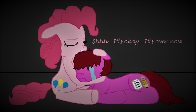 Size: 1051x601 | Tagged: artist:logan jones, comforting, crying, dark room, derpibooru import, female, floppy ears, hug, implied pinkamena, loganpie, male, messy mane, oc, oc:logan berry, paranoia, paranoid, pinkie pie, sad, safe, shhh