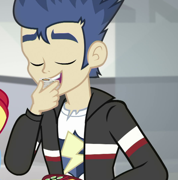 Size: 713x720 | Tagged: safe, derpibooru import, screencap, flash sentry, eqg summertime shorts, equestria girls, good vibes, clothes, cropped, eyes closed, food, jacket, male, sushi