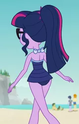 Size: 669x1048 | Tagged: safe, derpibooru import, screencap, microchips, sandalwood, sci-twi, twilight sparkle, valhallen, equestria girls, equestria girls series, forgotten friendship, ass, background human, butt, clothes, cropped, rock horse, swimsuit