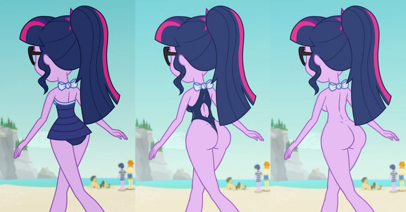 Size: 1957x1024 | Tagged: questionable, artist:rambon7, derpibooru import, edit, edited screencap, screencap, microchips, sandalwood, sci-twi, twilight sparkle, valhallen, equestria girls, equestria girls series, forgotten friendship, ass, background human, breasts, butt, butt edit, clothes, comparison, cropped, nude edit, nudity, one-piece swimsuit, open-back swimsuit, plot, rock horse, sideboob, swimsuit, thong swimsuit, twibutt, wide hips