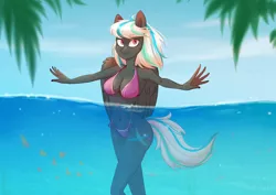 Size: 3508x2480 | Tagged: anthro, artist:shiro-roo, bikini, breasts, cleavage, clothes, commission, derpibooru import, female, oc, oc:crosswind, pegasus, safe, solo, spread arms, swimsuit, unofficial characters only, water, ych result
