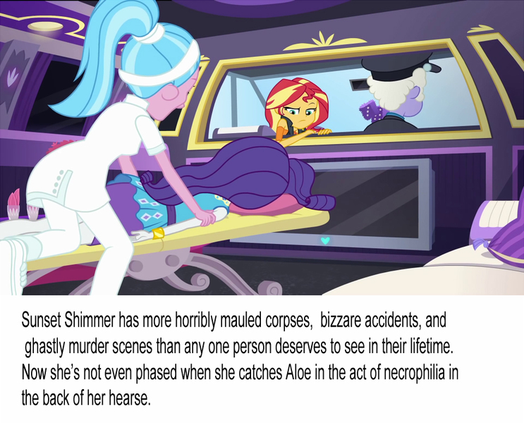 Size: 960x775 | Tagged: questionable, semi-grimdark, derpibooru import, edit, screencap, aloe, rarity, sunset shimmer, equestria girls, bertstrips, driving miss shimmer: rarity, explicit text, implied dead, implied necrophilia, meme, ponestrip