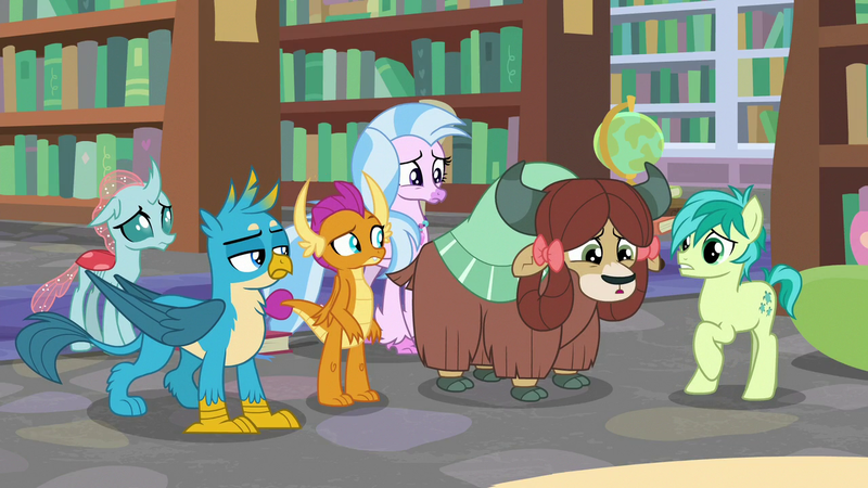 Size: 1280x720 | Tagged: safe, derpibooru import, screencap, gallus, ocellus, sandbar, silverstream, smolder, yona, changedling, changeling, classical hippogriff, dragon, earth pony, gryphon, hippogriff, pony, yak, what lies beneath, bookshelf, bow, cloven hooves, colored hooves, cutie mark, dragoness, female, globe, hair bow, jewelry, library, male, monkey swings, necklace, student six, teenager