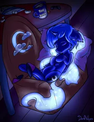 Size: 1400x1800 | Tagged: alicorn, armchair, artist:darkvulpes, belly, clothes, controller, cute, cutie mark, derpibooru import, dualshock controller, ethereal mane, female, fluffy, food, gamer luna, glowing mane, horn, mare, marshmallow, pillow, princess luna, safe, sleeping, slippers, smiling, solo, starry mane, table, tea, tulpa, weapons-grade cute, wings