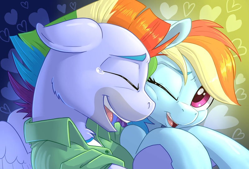 Size: 1280x870 | Tagged: safe, artist:pusspuss, derpibooru import, bow hothoof, rainbow dash, pegasus, pony, fanfic, crying, duo, explicit source, eyes closed, fanfic art, fanfic cover, father and child, father and daughter, female, floppy ears, hug, male, mare, one eye closed, open mouth, squishy cheeks, stallion, tears of joy, wink