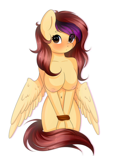 Size: 2306x3000 | Tagged: adorasexy, anthro, anthro oc, artist:sweesear, belly button, blushing, bondage, breasts, commission, cute, cute porn, derpibooru import, female, looking at you, nipples, nudity, oc, oc:sketchpon, pegasus, questionable, sexy, signature, simple background, solo, solo female, tied up, unofficial characters only, white background, ych result