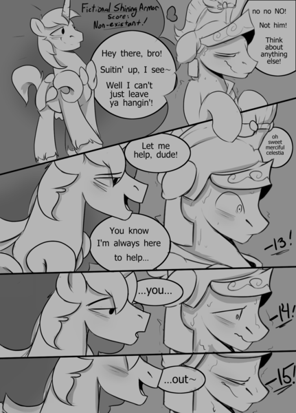 Size: 1436x2000 | Tagged: suggestive, artist:sidekick, derpibooru import, flash magnus, shining armor, pony, unicorn, comic, dialogue, explicit source, grayscale, implied gay, male, males only, monochrome, no clop november, sexy armor
