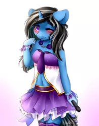 Size: 2000x2564 | Tagged: safe, artist:sweesear, derpibooru import, oc, oc:silver lining, unofficial characters only, anthro, unicorn, anthro oc, belly button, blushing, clothes, commission, cute, female, flower, gradient background, jewelry, looking at you, mare, microphone, midriff, moe, necklace, one eye closed, pearl necklace, signature, skirt, smiling, socks, solo, thigh highs, wink, wristband, ych result