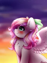 Size: 2000x2685 | Tagged: safe, artist:sweesear, derpibooru import, oc, oc:iridescent flings, unofficial characters only, pegasus, pony, blushing, bow, chest fluff, cloud, commission, cute, female, hair bow, mare, signature, sky, smiling, stars, ych result