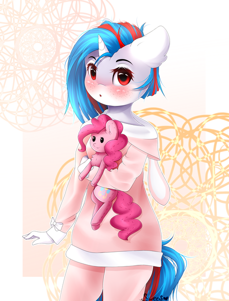 Size: 1841x2414 | Tagged: safe, artist:sweesear, derpibooru import, pinkie pie, oc, oc:aqua jewel, anthro, earth pony, pony, unicorn, abstract background, anthro oc, anthro with ponies, blushing, clothes, commission, cute, female, freckles, holding, holding a pony, looking at you, mare, open mouth, pants, plushie, signature, smiling, solo, sweater, toy, ych result