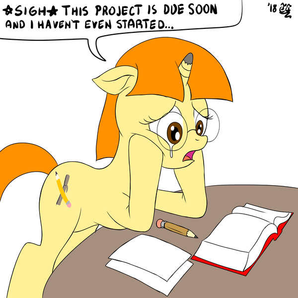 Size: 3000x3000 | Tagged: safe, artist:tomtornados, derpibooru import, oc, oc:sam art s, pony, unicorn, book, female, glasses, paper, pencil, sad, simple background, speech bubble, squishy cheeks, white background