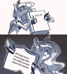 Size: 1080x1186 | Tagged: safe, artist:askbestprincessluna, derpibooru import, editor:apex soundwave, princess luna, alicorn, pony, black and white, ed edd n eddy, exploitable meme, facts, female, grayscale, luna's fact book, mare, meme, monochrome, solo