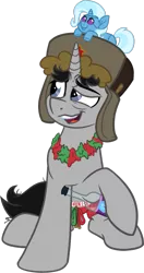 Size: 633x1200 | Tagged: safe, artist:binkyt11, derpibooru import, trixie, oc, oc:ragtime melody, unofficial characters only, pony, unicorn, 2019 community collab, derpibooru community collaboration, alcohol, belarus, clothes, drunk, faic, firealpaca, hat, lei, male, medibang paint, messy mane, messy tail, plushie, shorts, simple background, solo, stallion, tired, transparent background, ushanka, vodka