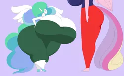 Size: 3150x1935 | Tagged: absurd resolution, alternate version, anthro, artist:two-ton-neko, big breasts, breasts, busty princess cadance, busty princess celestia, butt, cleavage, clothes, derpibooru import, dress, duo, duo female, female, giantess, hand on hip, head out of frame, hips, huge breasts, huge butt, hyper, hyper breasts, hyper butt, implied discord, impossibly large breasts, impossibly large butt, large butt, macro, one eye closed, pants, plantigrade anthro, pose, princess cadance, princess celestia, purple background, shortstack, simple background, suggestive, wide hips, wink