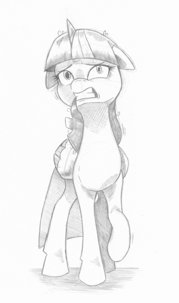 Size: 834x1413 | Tagged: safe, artist:saturdaymorningproj, derpibooru import, twilight sparkle, twilight sparkle (alicorn), alicorn, pony, season 8, spoiler:s08, female, floppy ears, grayscale, mare, monochrome, nervous, pencil drawing, raised hoof, simple background, solo, traditional art, white background, worried