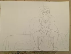 Size: 4032x3024 | Tagged: adorasexy, anthro, artist:killerteddybear94, bed, breasts, busty princess celestia, c:, clothes, cute, cutelestia, daaaaaaaaaaaw, derpibooru import, looking at you, nightgown, princess celestia, sexy, sitting, sketch, slippers, smiling, spreading, spread legs, suggestive, traditional art