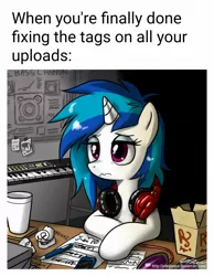 Size: 1080x1393 | Tagged: safe, artist:johnjoseco, derpibooru import, edit, editor:apex soundwave, vinyl scratch, pony, unicorn, ask gaming princess luna, derpibooru, background pony, ballpoint pen, bass cannon, caption, cup, female, headphones, image macro, keyboard, mare, meta, mobile phone, morning ponies, music notes, musical instrument, phone, smartphone, solo, sunglasses, synthesizer, tags, text, tired, traditional art, working